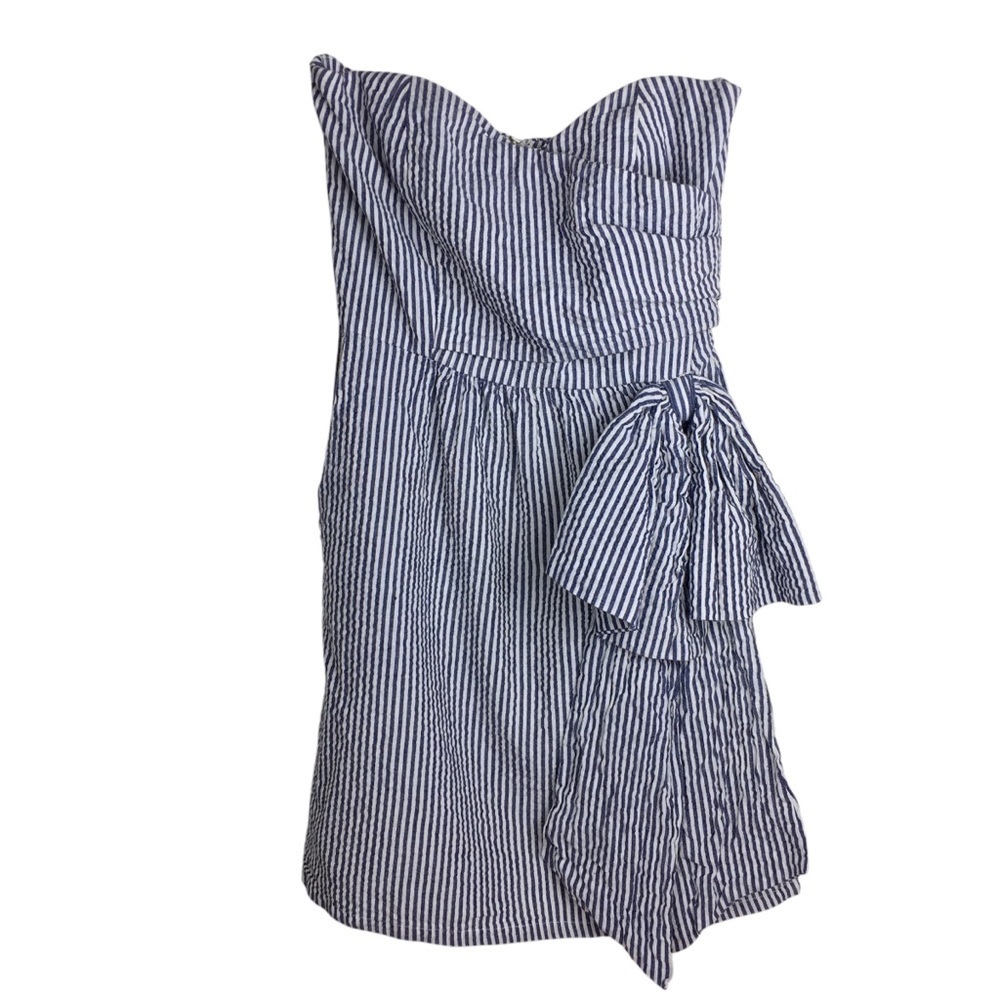 JUDITH MARCH Strapless Dress SeerSucker Stripe Blue Bow Preppy Summer Size Small
